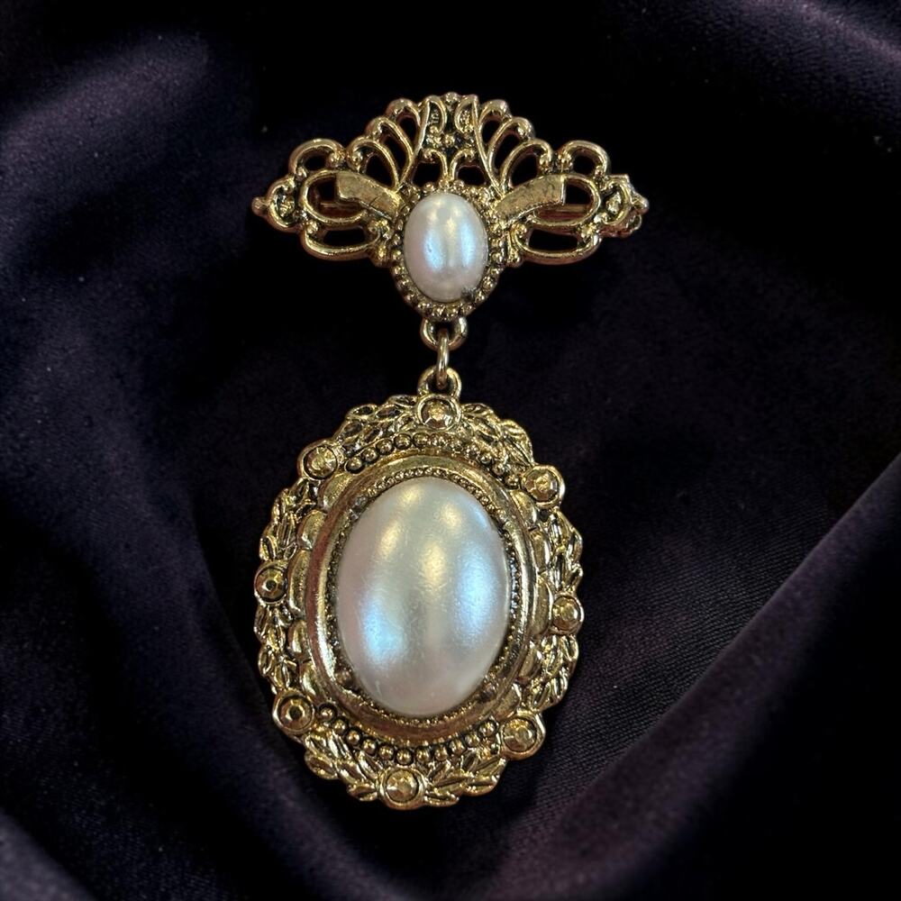Vintage Pearl Dangle Brooch Ornate Gold Baroque Victorian Revival Statement